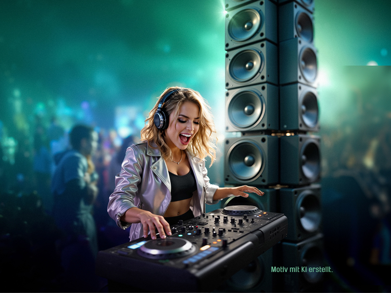 Eine Frau am DJ-Pult mit einem Boxenturm neben sich.