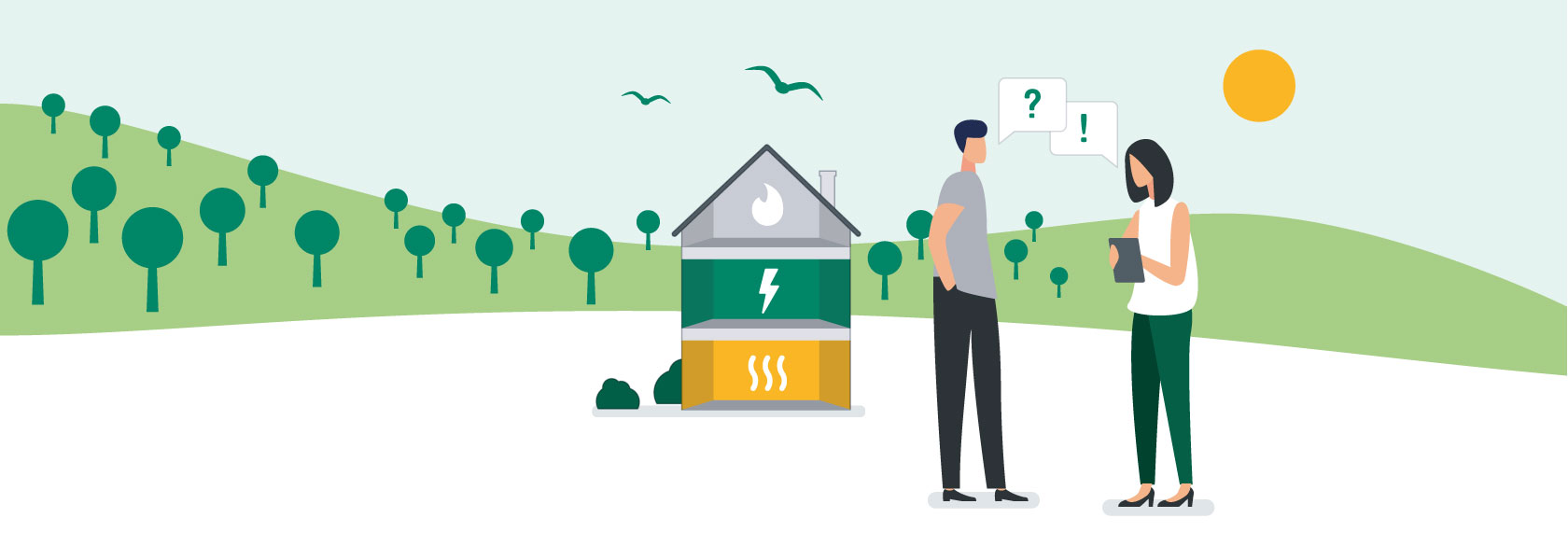 FAQs zur Energiekrise Beratung vor einem Mehrfamilienhaus