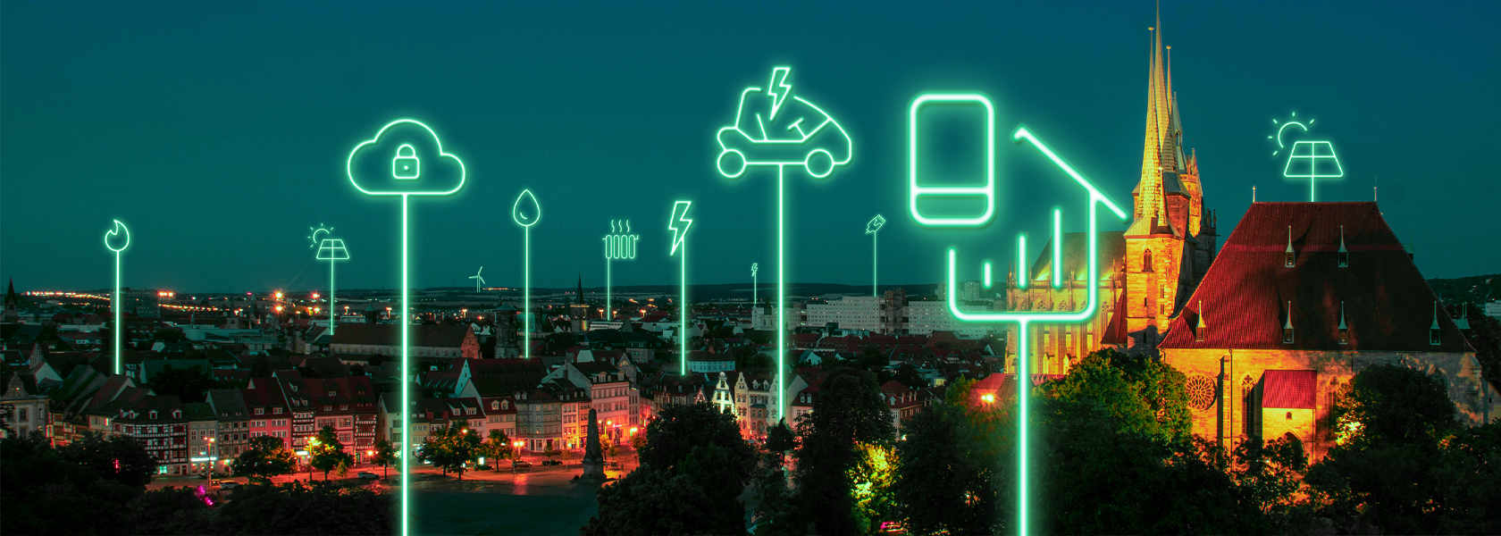Intelligente Messtechnik (IMS) vernetzt Erfurt Leuchtende Icons von smarten Geräten am Nachthimmel von Erfurt