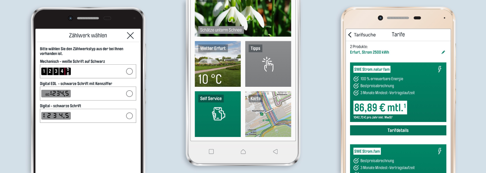 Preisrechner SWE App Screenshots der Erfurtkarte, des Dashboards und eines Energietipps..