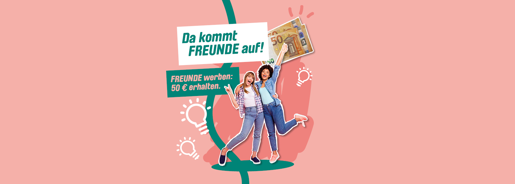 Zwei Frauen die sich umarmen und freuen, mit dem Text