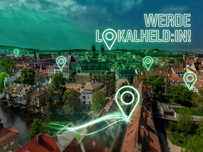 Luftbild von Erfurt mit grünen Neon-Pins und dem Schriftzug