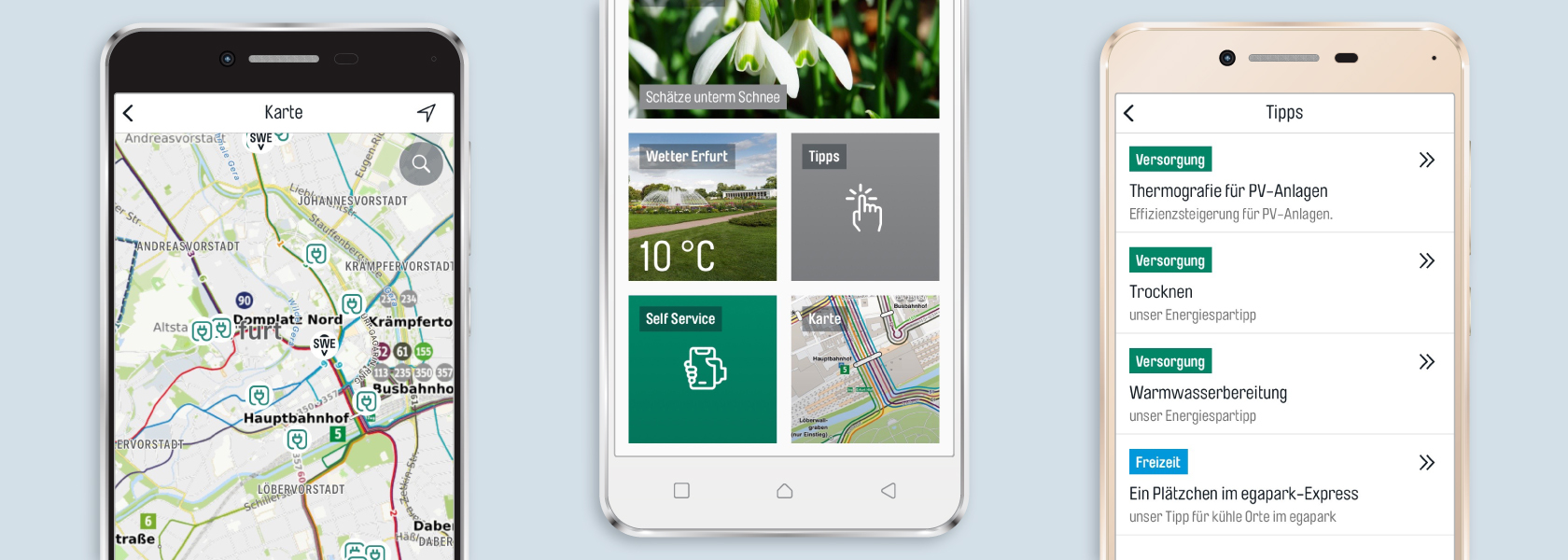 Übersicht SWE App Screenshots des Veranstaltungskalender, der Nachrichtenfunktion und der Vorteilswelt.