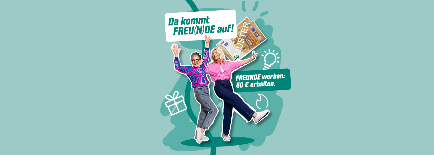 Zwei Frauen die sich umarmen und freuen, mit dem Text 