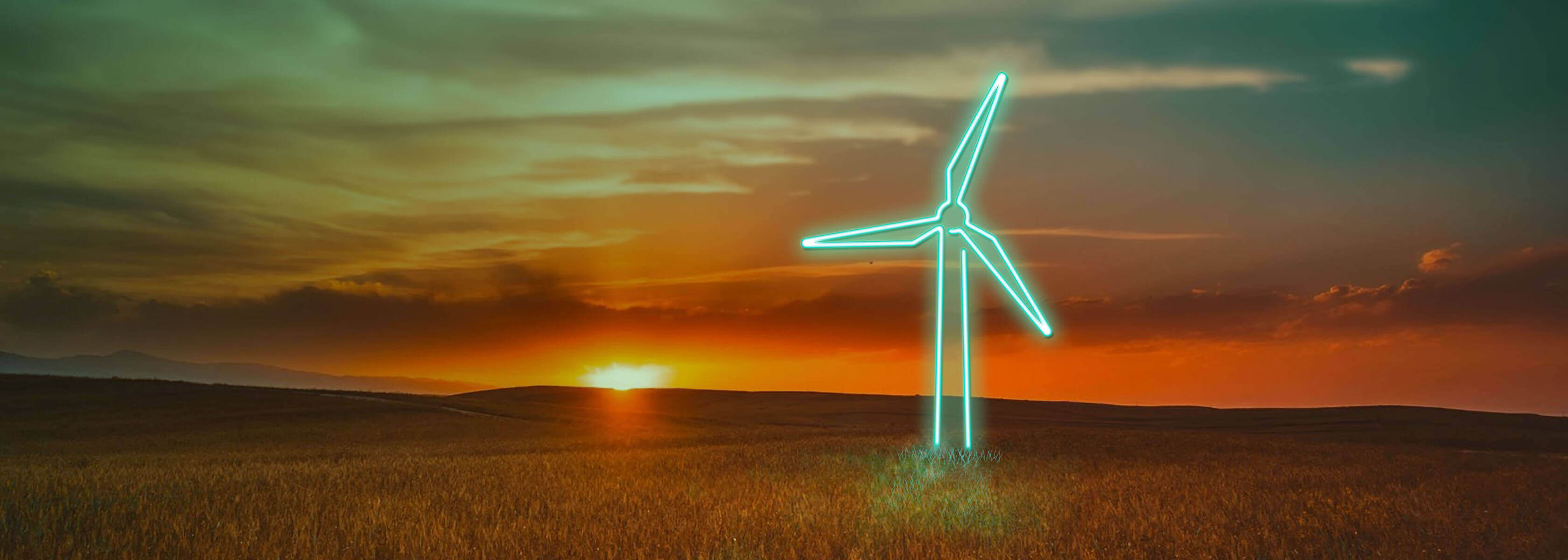 Wiese bei Sonnenuntergang mit Windrad aus Neon darauf