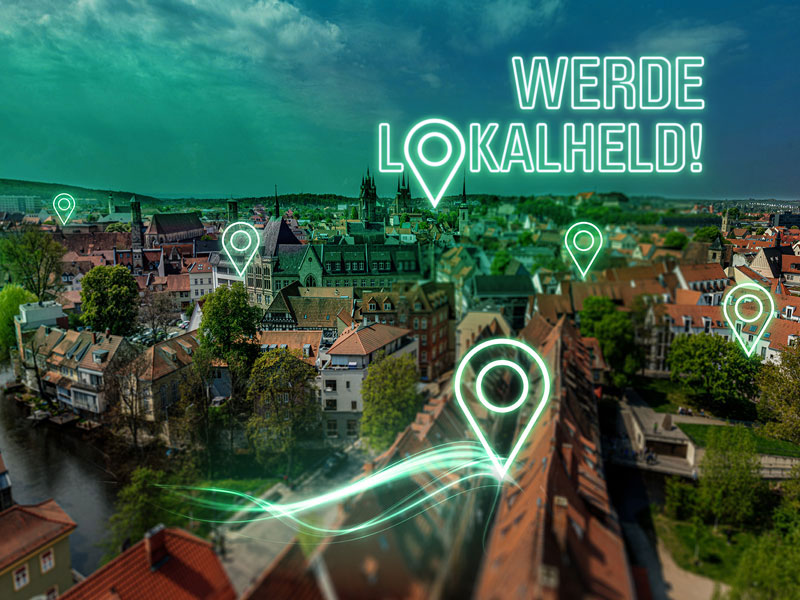 Luftbild von Erfurt mit grünen Neon-Pins und dem Schriftzug