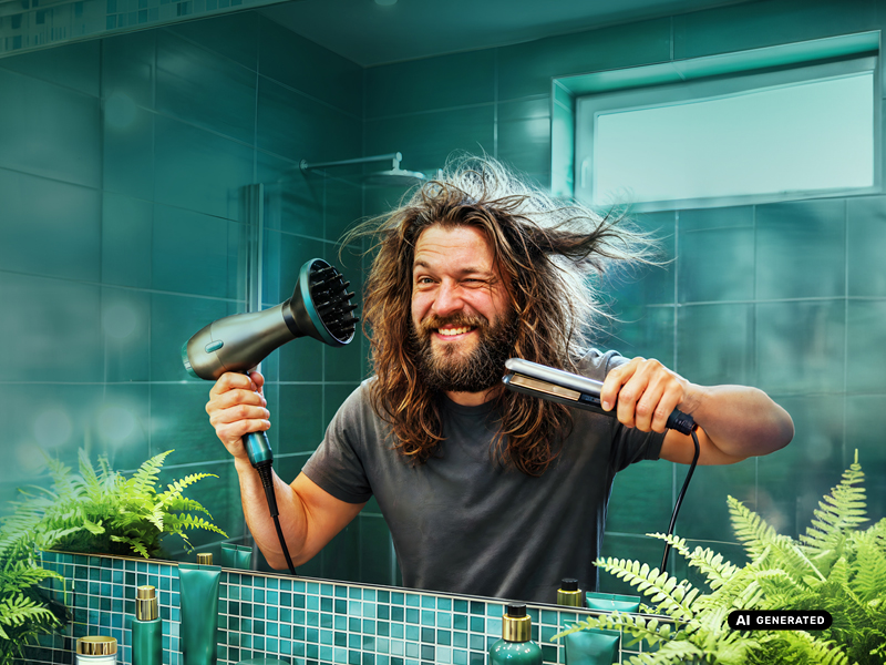 Ein langhaariger, bärtiger Mann vor dem Spiegel mit Föhn und Glätteisen.