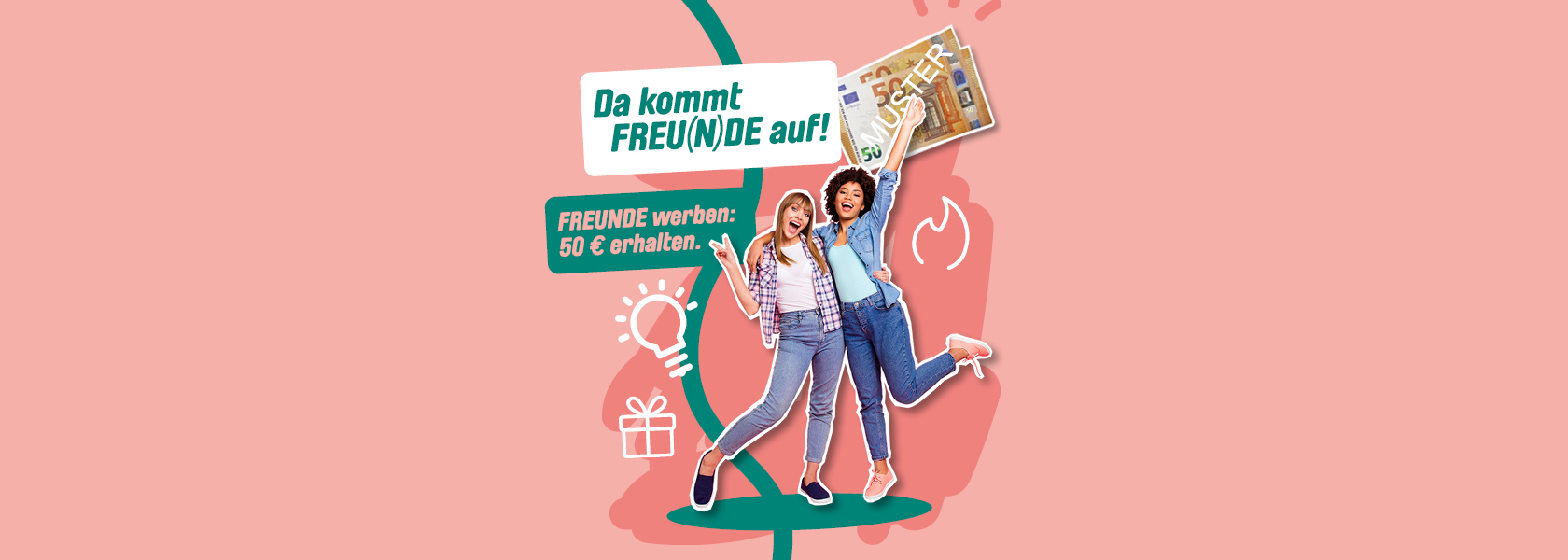 Zwei Frauen die sich umarmen und freuen, mit dem Text 