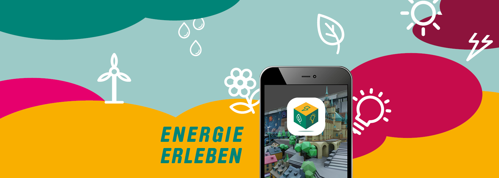Header Energie Erleben Headerbild zeigt ein Smartphone mit der App Energie Erleben