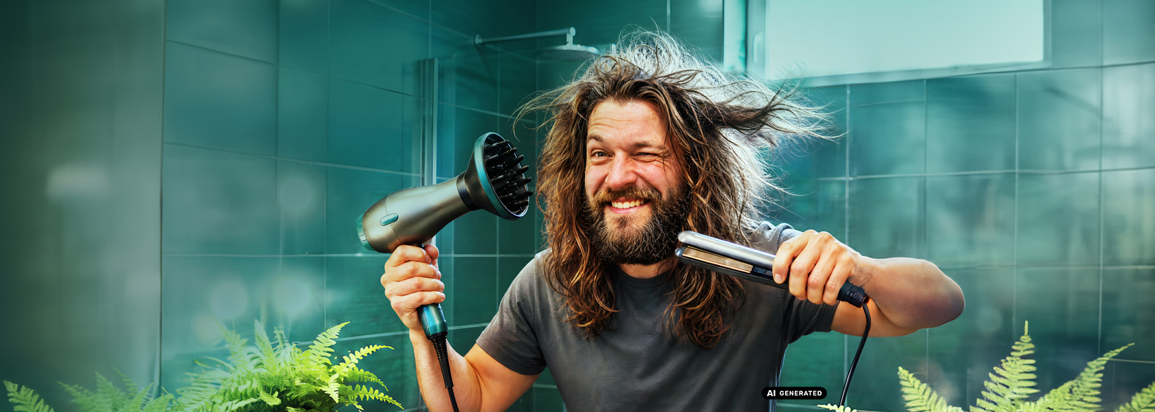 Junger Mann mit langen Haaren, der föhnt und ein Glätteisen benutzt.